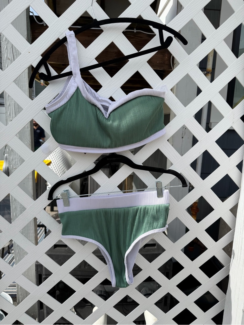Green Ribbed Bikini Set with White Trim - Women Swim